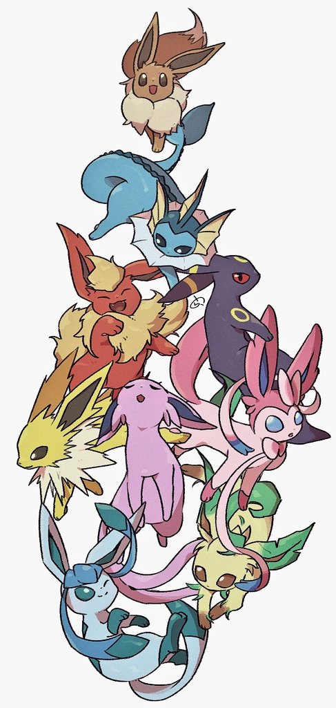 eevee ,espeon ,flareon ,glaceon ,leafeon ,sylveon ,umbreon ,vaporeon pokemon (creature) no humans white background evolutionary line smile closed mouth open mouth  illustration images