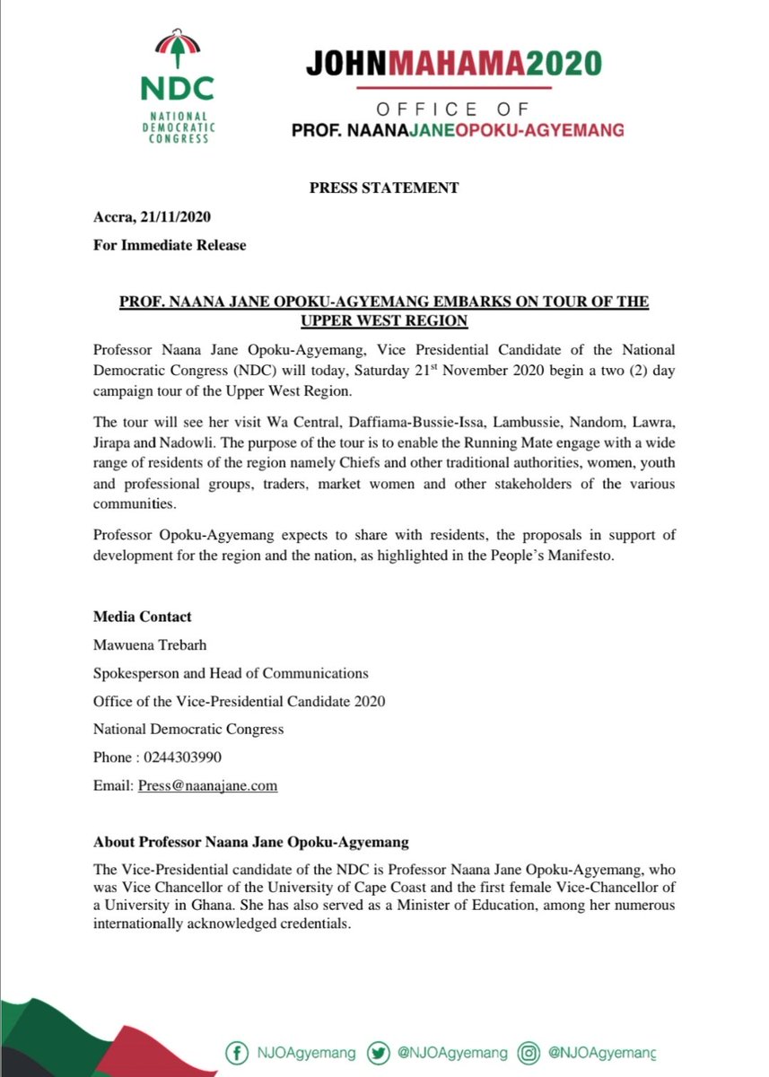 Press Release - Professor Naana Jane Opoku-Agyemang Embarks on tour of Upper West Region