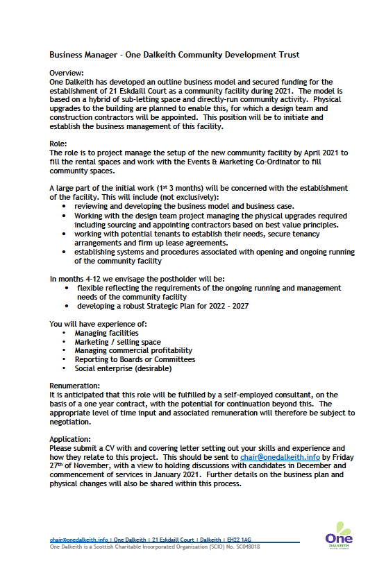 onedalkeith's tweet photo. Exciting new role for 2021. Seeking expressions of interest by 27/11/20. Please share. 
@fleck_evelyn @goldwyreS @tonyianson @HereScotland @ScotlandsTowns @RaeMcGhee6 @DeniseLasswade @OwenThompson @uartlach @RussellMargot @BillKerrSmith @ClareBearAlert @MimStories  @CanDoPlaces https://t.co/YNRZLBUVJe