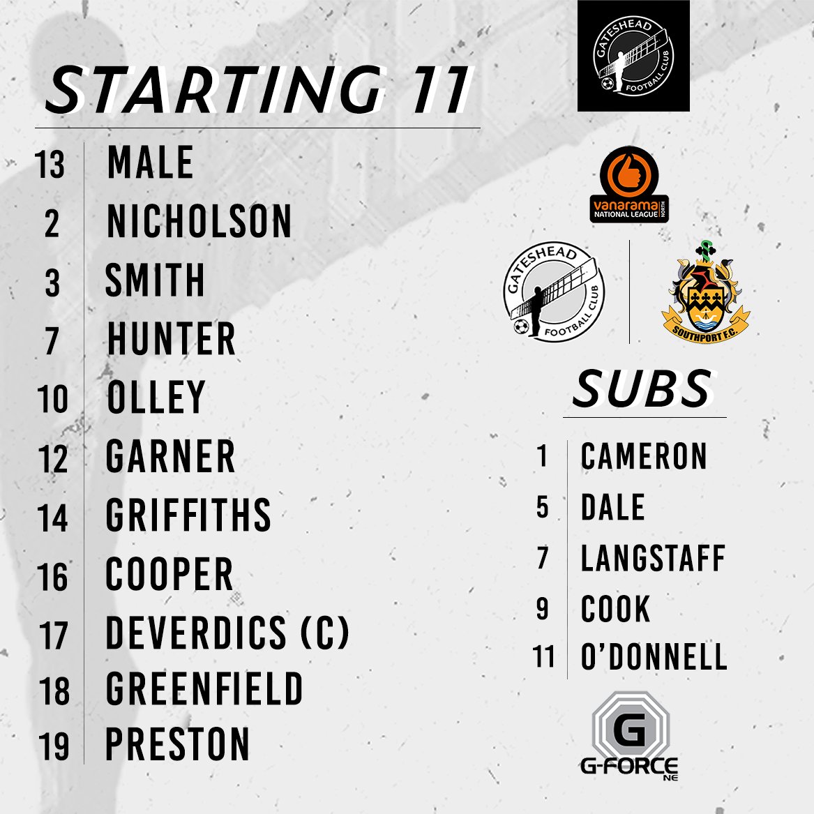 GatesheadFC's tweet photo. 🔢 Here's how we line up against
@southport_fc this afternoon...
#HeedArmy ⚪️⚫️ https://t.co/OZgIY3IlB9
