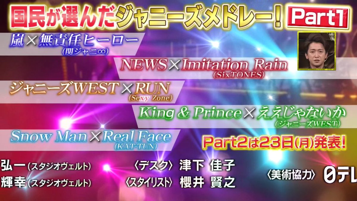 Maki ベストアーティスト ジャニーズメドレー 無責任ヒーローは嵐 Imitation Rainはnews Runは ジャニーズwest ええじゃないかはキンプリ Real Faceはスノ のこりは23日に発表 Maki ベストアーティスト ジャニーズメドレー 無責任ヒーローは嵐 Imitation Rainはnews Runは ジャニーズwest ええじゃないかはキンプリ Real Faceはスノ のこりは23日に発表
