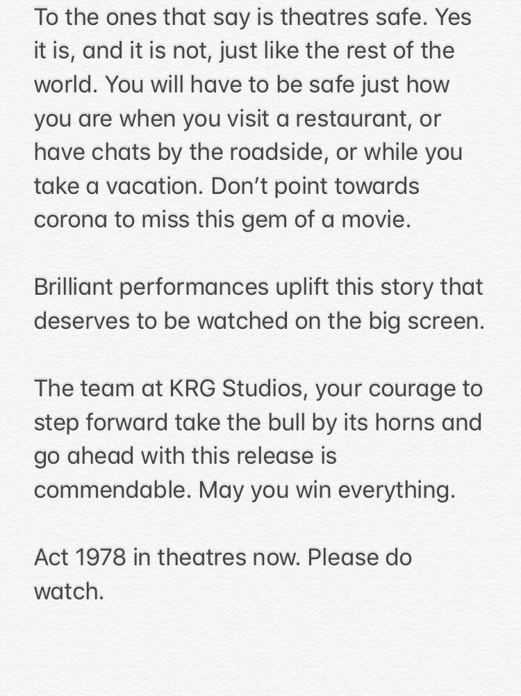 Act 1978 is brilliant storytelling. Please do watch it in the nearest theatres #ACT1978  @mansore25 @Veerendraa_ @KRG_Studios @Karthik1423 #DayanandTK