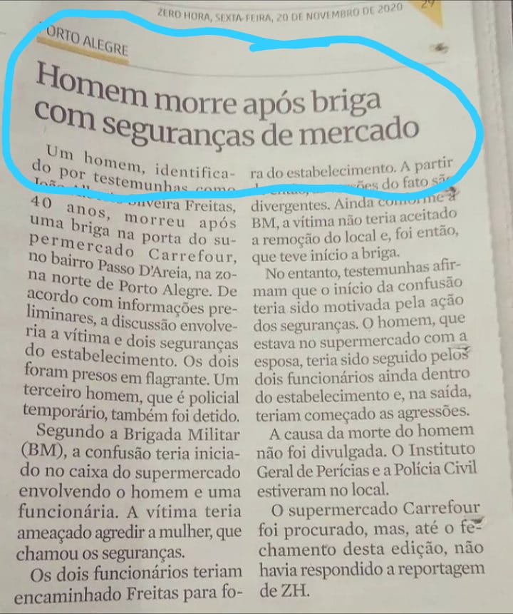 Impressiona como a imprensa naturaliza e contribui p/ que o racismo continue acontecendo. O título dessa matéria é desinformação ou mau-caratismo. Não houve briga, mas sim uma barbárie e covardia de 2 criminosos racistas linchando um homem negro, já imobilizado e indefeso.