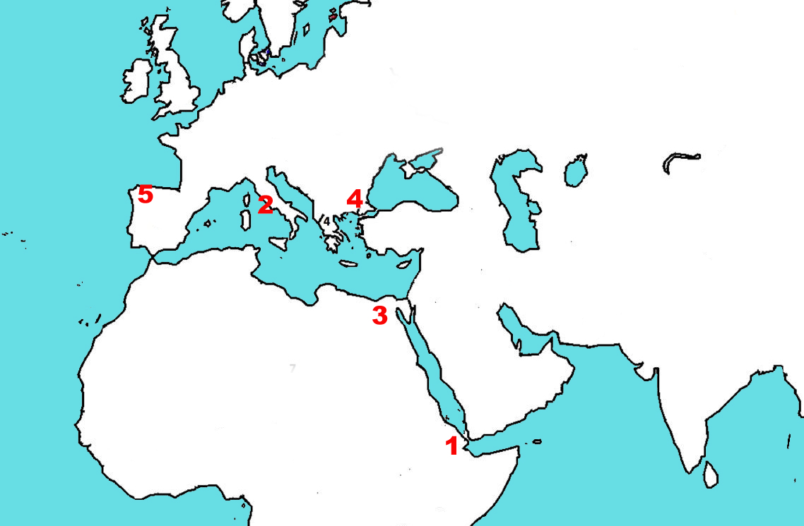 Para que os ubiquéis, en este mapa tenéis la localización de Matara (1) y la de las urbes más esplendorosas de la antigüedad: Roma (2), Alejandría (3), Constantinopla (4) y Lugo (5).->