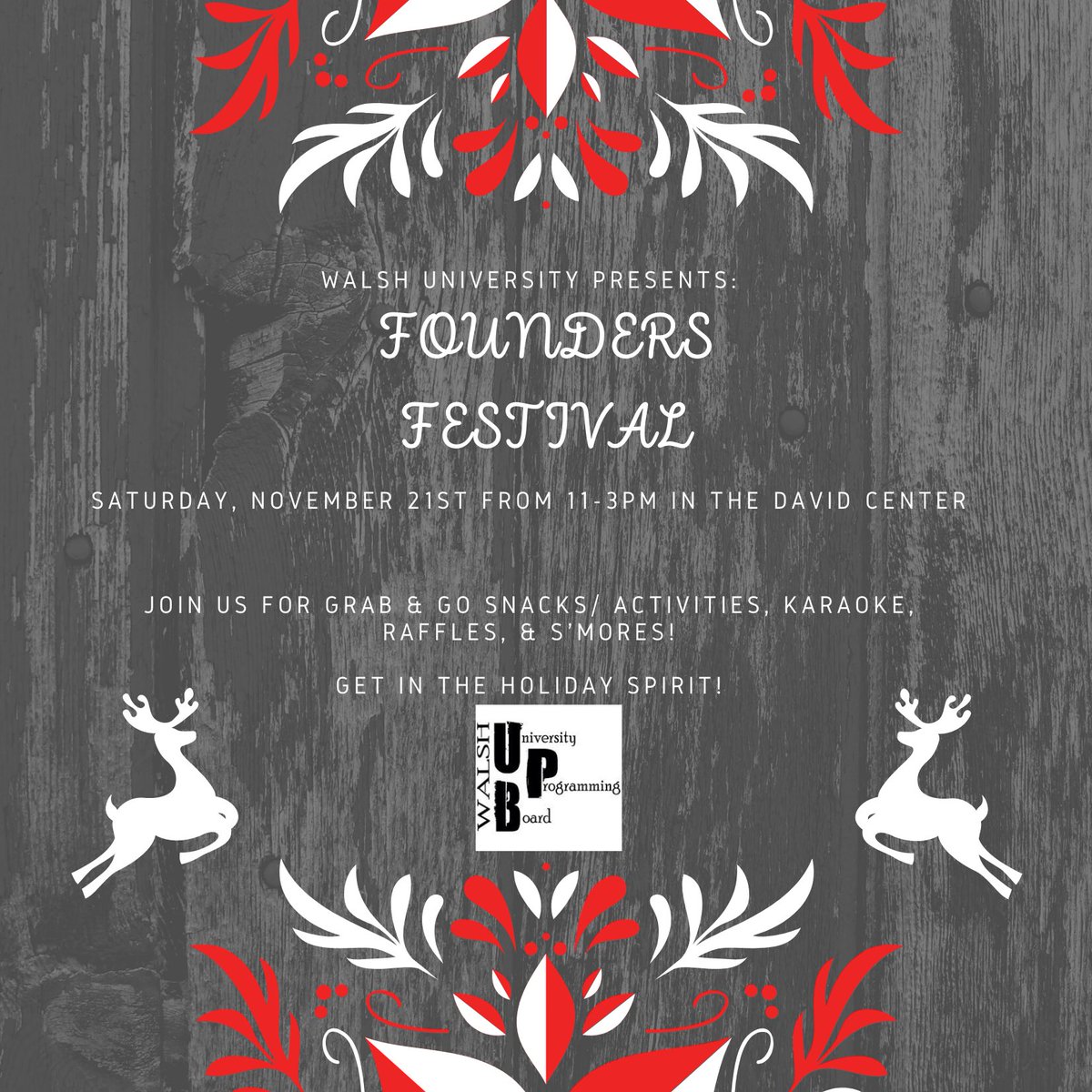 WalshUPB's tweet photo. TODAY! 🤩 Walsh University Presents: “The Founders Festival” this Saturday, November 21st from 11-3pm in the David Center!🎄❄️☃️🌟🎅🏼 Join us for grab &amp; go snacks/ activities, raffles, s’mores, &amp; karaoke! 🍫🎤🏆 You won’t want to miss this event!🤩🌟 https://t.co/lJimnlSM7u