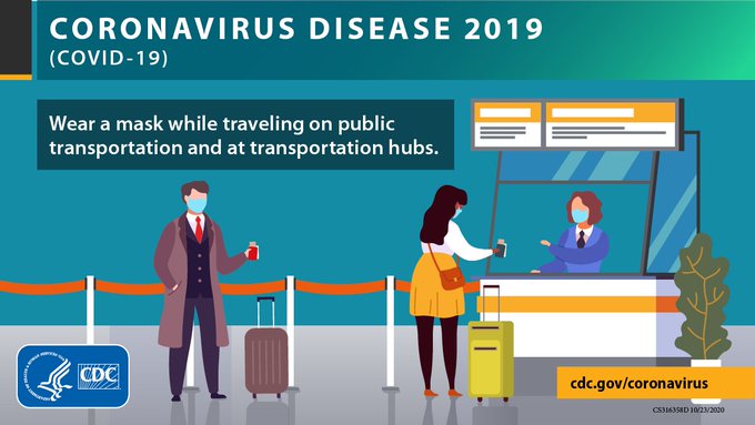 CDCemergency's tweet photo. If you travel on public transportation like airplanes, trains, subways, buses, taxis, ride-shares, ships, or ferries, @CDCgov strongly recommends wearing a mask while waiting, boarding, and riding to slow the spread of #COVID19. Learn more: https://t.co/lfObKiaTot https://t.co/ZyuHHMKnRF