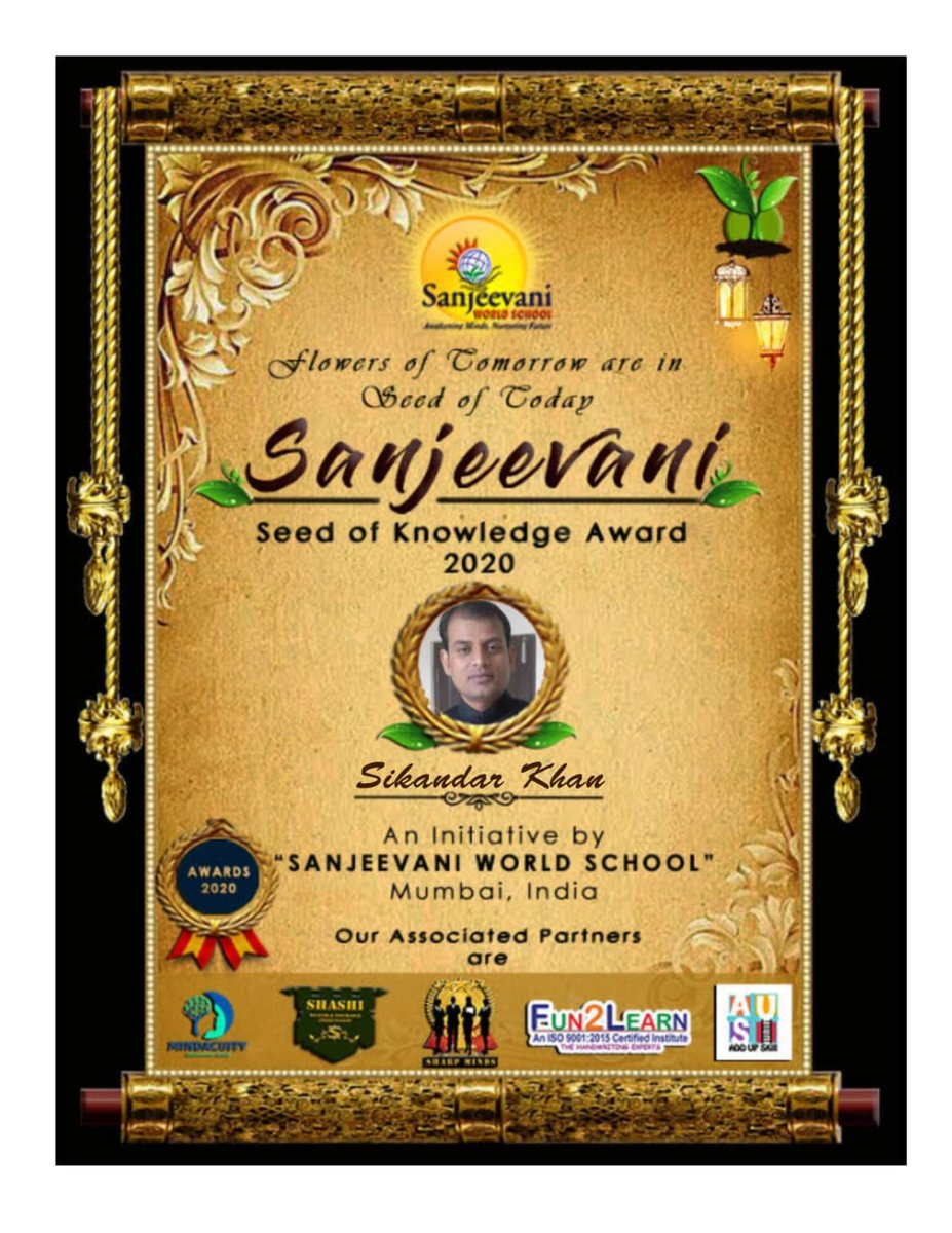EEduserve's tweet photo. #SanjeevaniSeedOfKnowledgeAward2020
#SanjeevaniWorldSchoolMumbai
#Fun2Learn

#EncouragementEduserve

#EncouragementEduserve is Honoured and Happy for this recognition for our #EndeavourToEncourage

Keep Encouraging
Sharda Sharma
Encouragement Eduserve

https://t.co/uLH1ZjTfZG https://t.co/ijEUeXQi6U