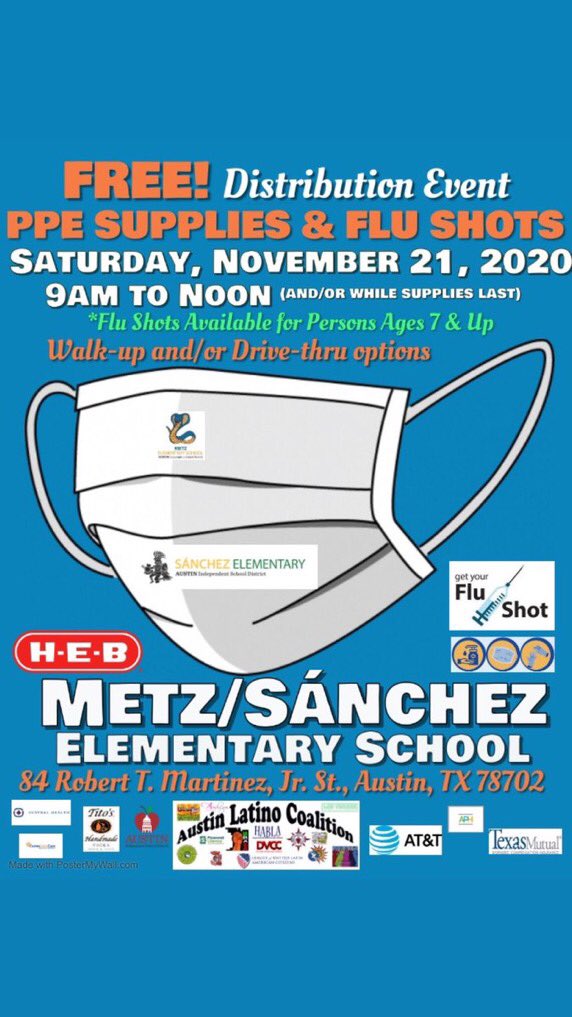 @AustinLatinoCo1 hosting Free PPE Supplies and Flu Shot Event TODAY! See flyer for details @AustinISD ¡Austin Latino Coalition organiza un evento gratuito de suministros de PPE y vacuna contra la gripe HOY. Ver folleto para más detalles.