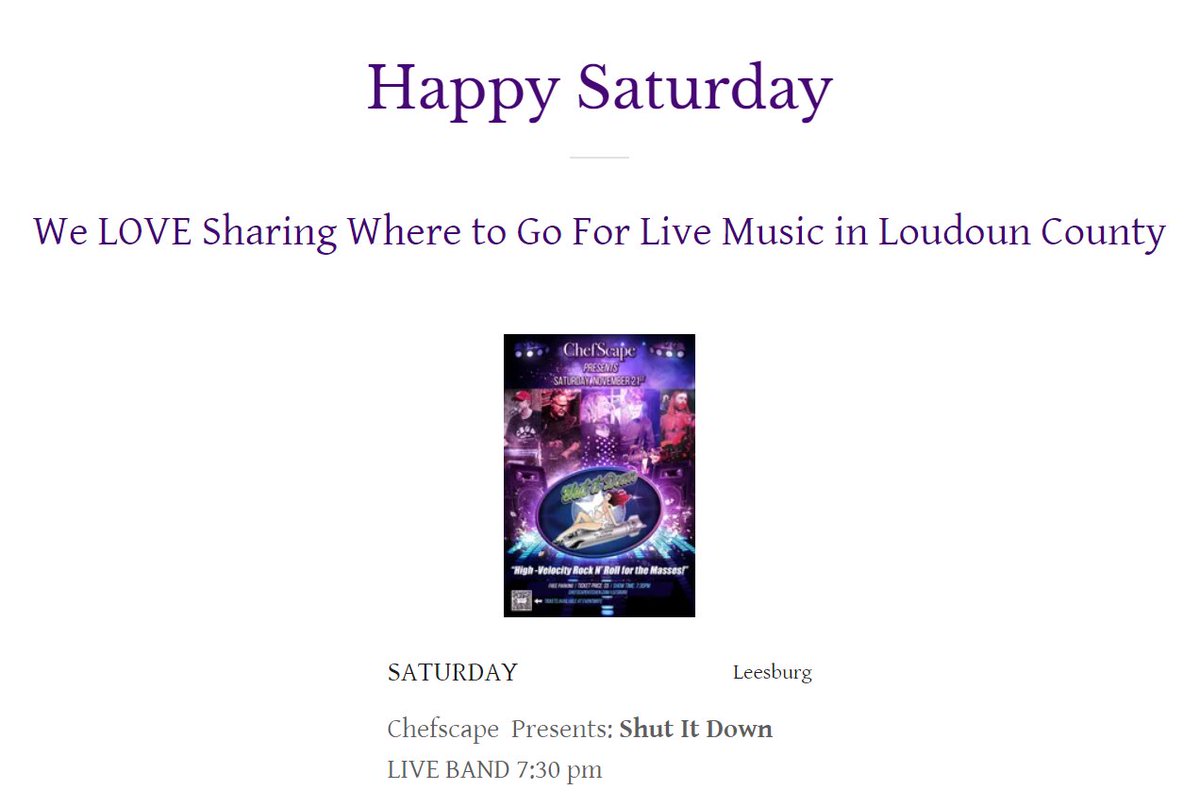 Tonight enjoy  Shut it Down LIVE at Chefscape
Visit our Calendar of Entertainment for even more live entertainment.
loudounentertainment.com
#liveband 
#LoudounCounty
<a href="/chefscape/">ChefscapeKitchen</a>
<a href="/VillatLeesburg/">Village at Leesburg</a>
<a href="/ShutItDownBand/">ShutItDownBand</a>