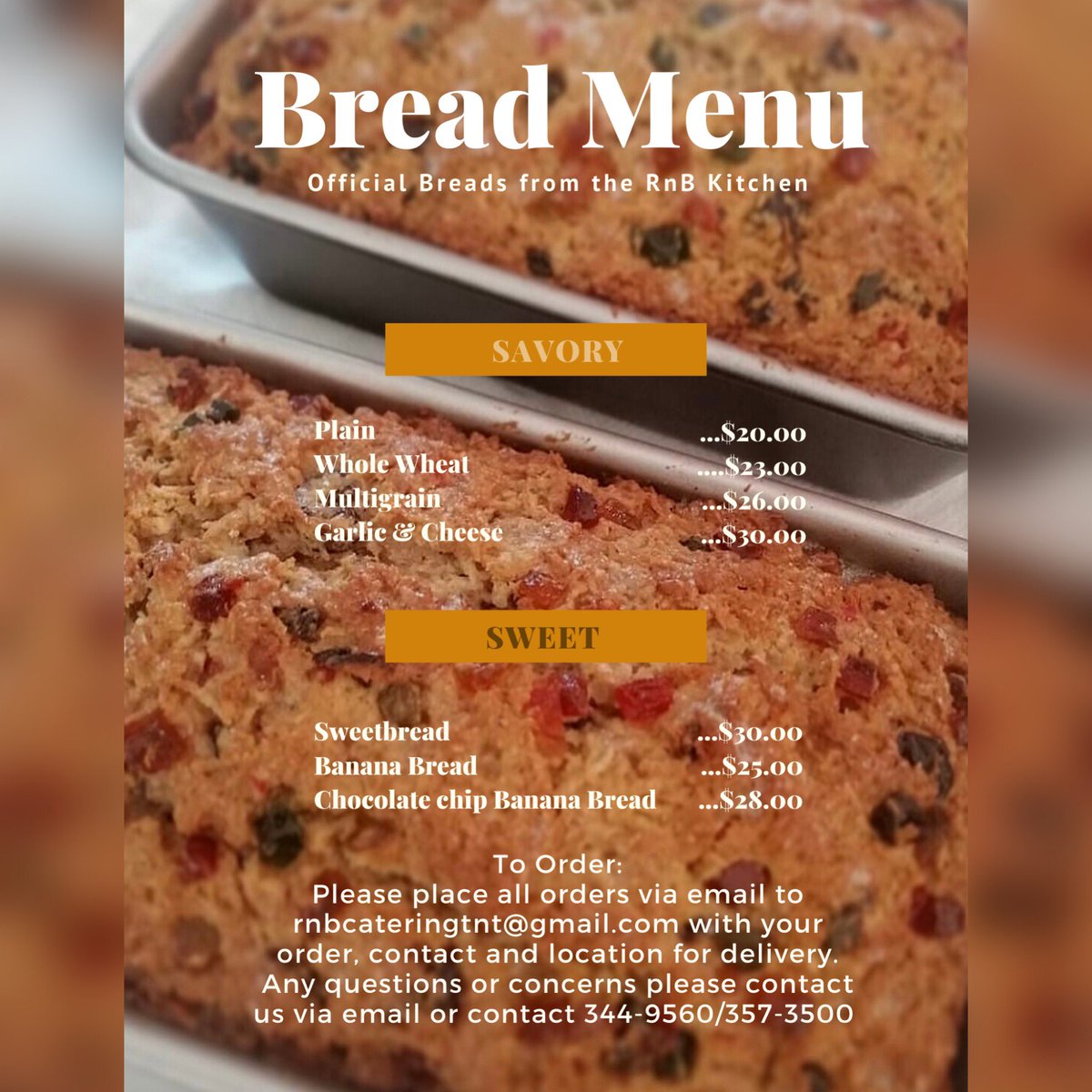 CateringRnb's tweet photo. Garlic &amp; Cheese for extra flavor or if you just like it plain, we have one for all who love multigrain. On the sweet side, sweet and banana bread are our top picks, we even have infused with chocolate chip. Place for order for these via email at rnbcateringtnt@gmail.com https://t.co/J0AJQ8yumL