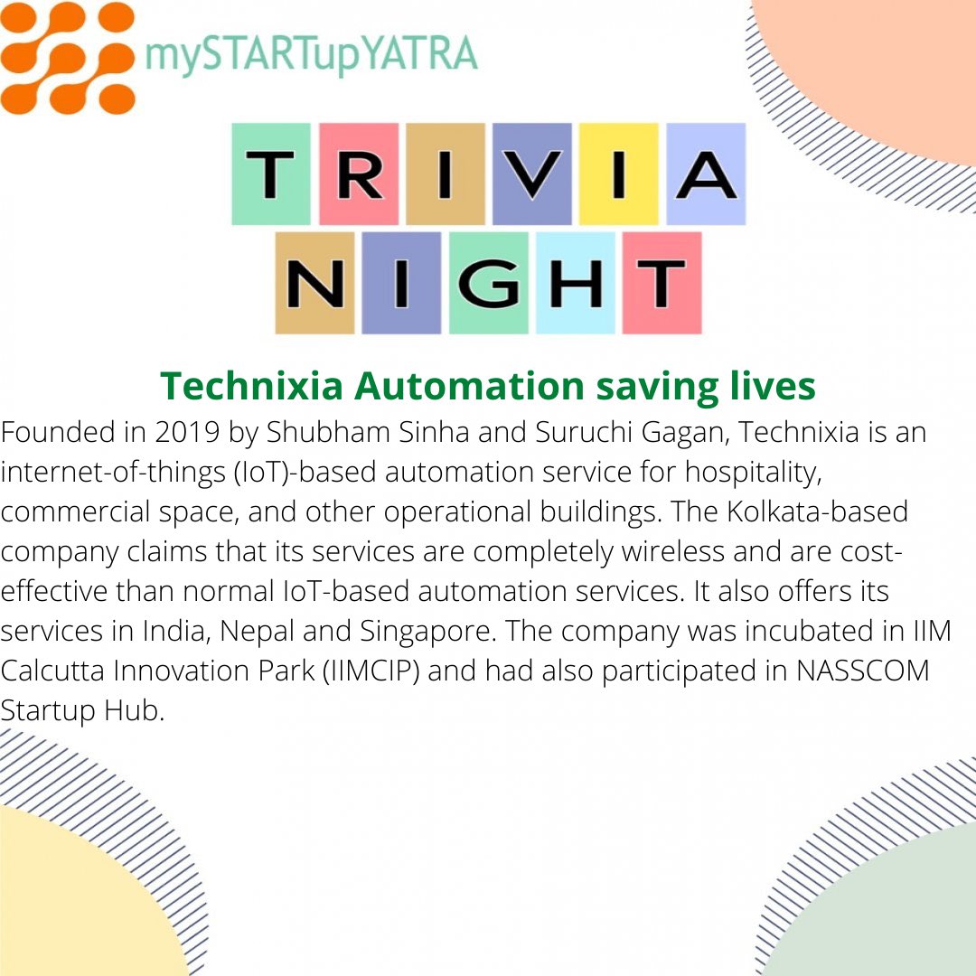 mystartupyatra's tweet image. Technixia Automation saving lives

#trivianight #technixiaautomation #mystartupyatra #nasscom #nasscomstartups #medical #iot #iimc #startupkolkata #startupwestbengal
