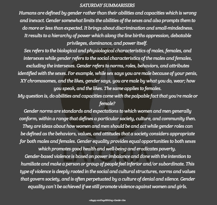 latoria_ria's tweet photo. #Day95 #100DaysWritingChallenge #Gender #Sex #GenderIssues #Writing #YoungAdults #Saturday #SaturdaySummarisers #Summarizers  #Latoria https://t.co/xsEMMhDSeA