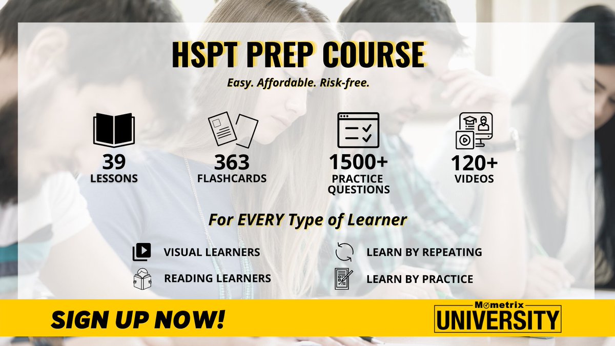 Mometrix's tweet image. #Mometrix University's HSPT Prep Course is designed to help you get everything you need to prepare for your HSPT exam.
Learn more! mometrix.com/university/hsp…
#prepthatempowers #mometrixuniversity