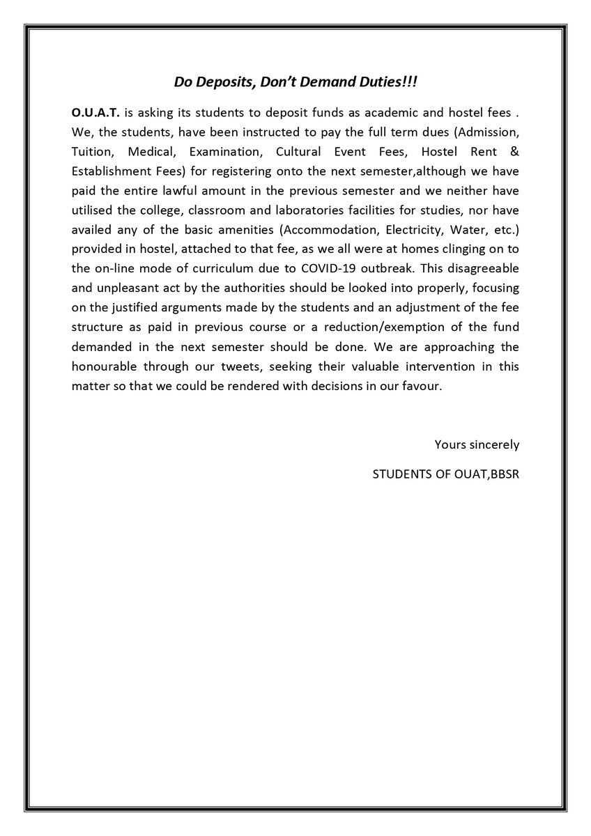 CellOuat's tweet image. COVID-19 has drilled our pockets and emotions.. But still ignored !! University has put forth a short hand notice to pay for the semester fees without reducing a cent !! How far is it justified?@CMO_Odisha @dr_arunsahoo @icarindia @dpradhanbjp @vc_ouat @SecyChief @SuraRoutray