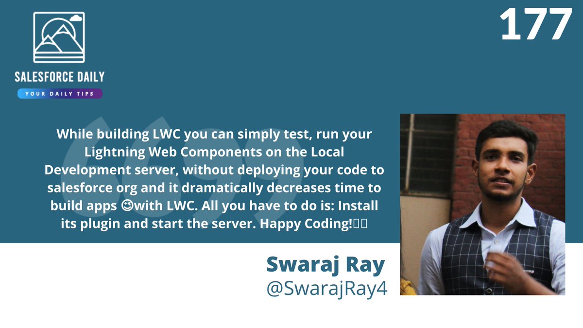 JollyPaarth's tweet photo. #SalesforceDaily Your Daily Tip - 177
#Trailblazer - @SwarajRay4 

Category -  Lightning Web Components
Submit your #Salesforce Tip!
https://t.co/dVCD083Zju

@Akash_SFDC @pritamsfdc @vipulgoel19
 
Follow Previous Missed Tips: https://t.co/iSUVXlUoPB
#SalesforceOhana https://t.co/ueGVZfaG0D