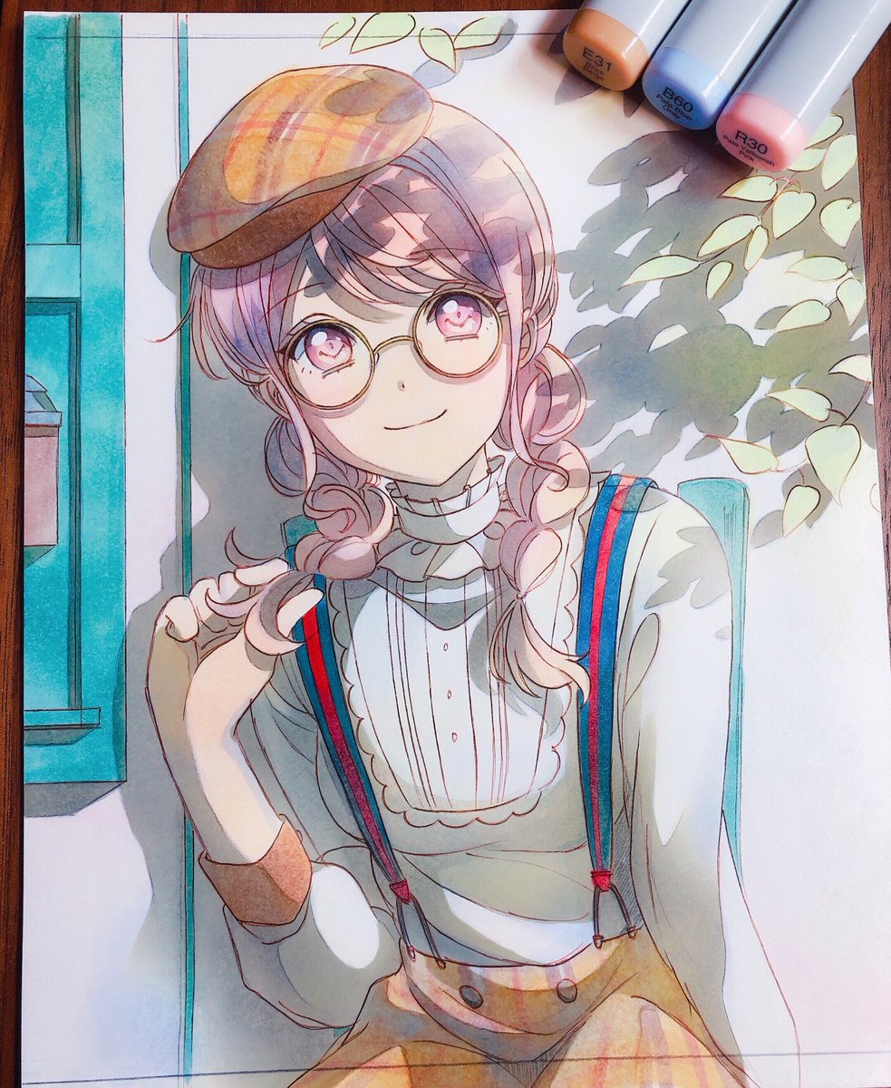 1girl solo traditional media glasses hat plaid headwear smile  illustration images