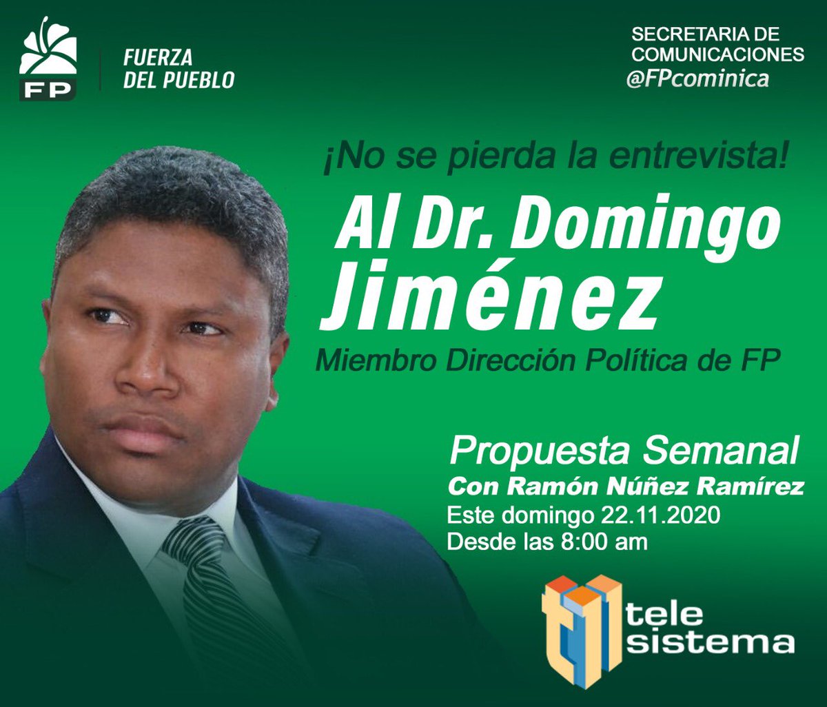 No se pierda este domingo 22.11.2020 a las 8:00 am, la entrevista en “Propuesta Semanal”, al Dr. <a href="/DomingoJimenez/">Domingo Jiménez</a>, miembro de la Dirección Política de #FPComunica y titular de Asuntos Laborales. #PropuestaSemanal con Ramón Núñez Ramírez (@ramonnn14) por Telesistema, canal 11.
