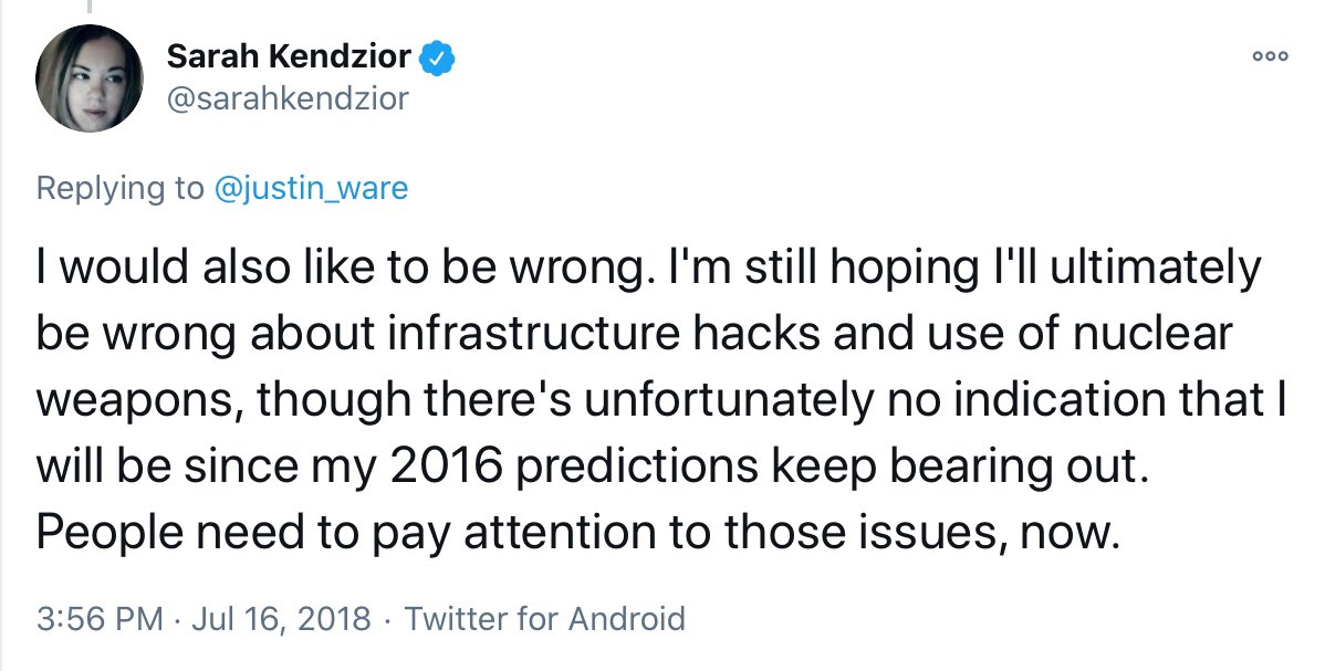 This  @SarahKendzior person was so blatantly a completely unhinged maniac, scaring the crap out of followers, telling them Trump was definitely going to nuke people, maybe even them. MSNBC put her on constantly. Look at the fear & sickness she spread: