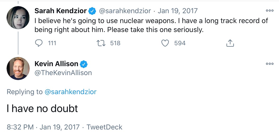 This  @SarahKendzior person was so blatantly a completely unhinged maniac, scaring the crap out of followers, telling them Trump was definitely going to nuke people, maybe even them. MSNBC put her on constantly. Look at the fear & sickness she spread: