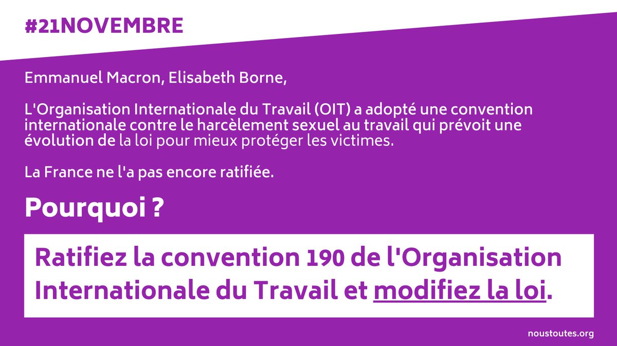 .<a href="/EmmanuelMacron/">Emmanuel Macron</a> <a href="/Elisabeth_Borne/">Élisabeth BORNE</a>, la France doit ratifier la convention 190 de l’OIT : la loi française doit être renforcée pour protéger les femmes, contre les violences sexistes au travail. #stopviolencestravail
Vous aussi, envoyez votre tweet 
👉 ctt.ec/3Unda