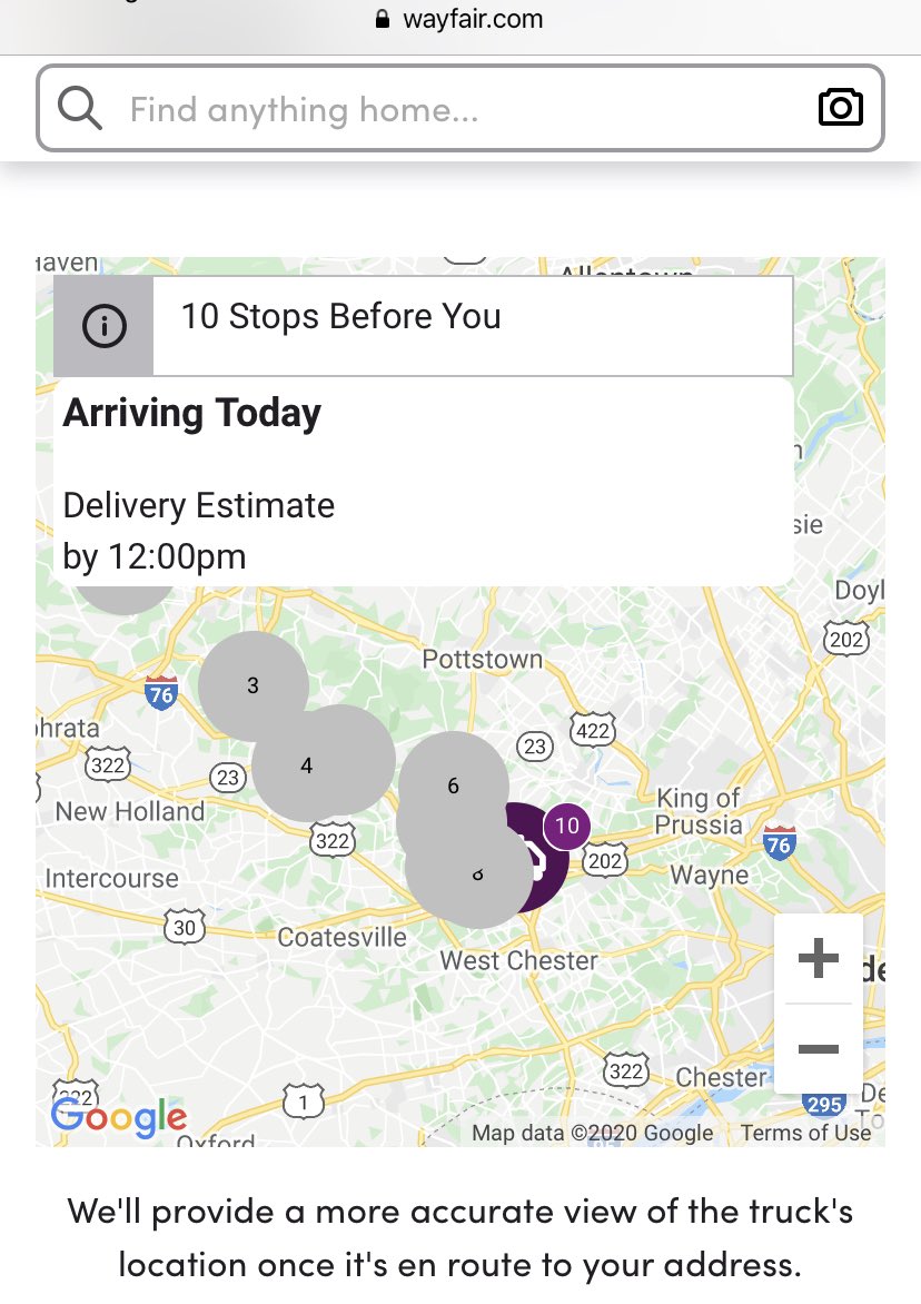 Corallinee's tweet photo. Wayfair’s delivery truck tracker is the adult version of the Santa tracker https://t.co/paKqnv0nAm