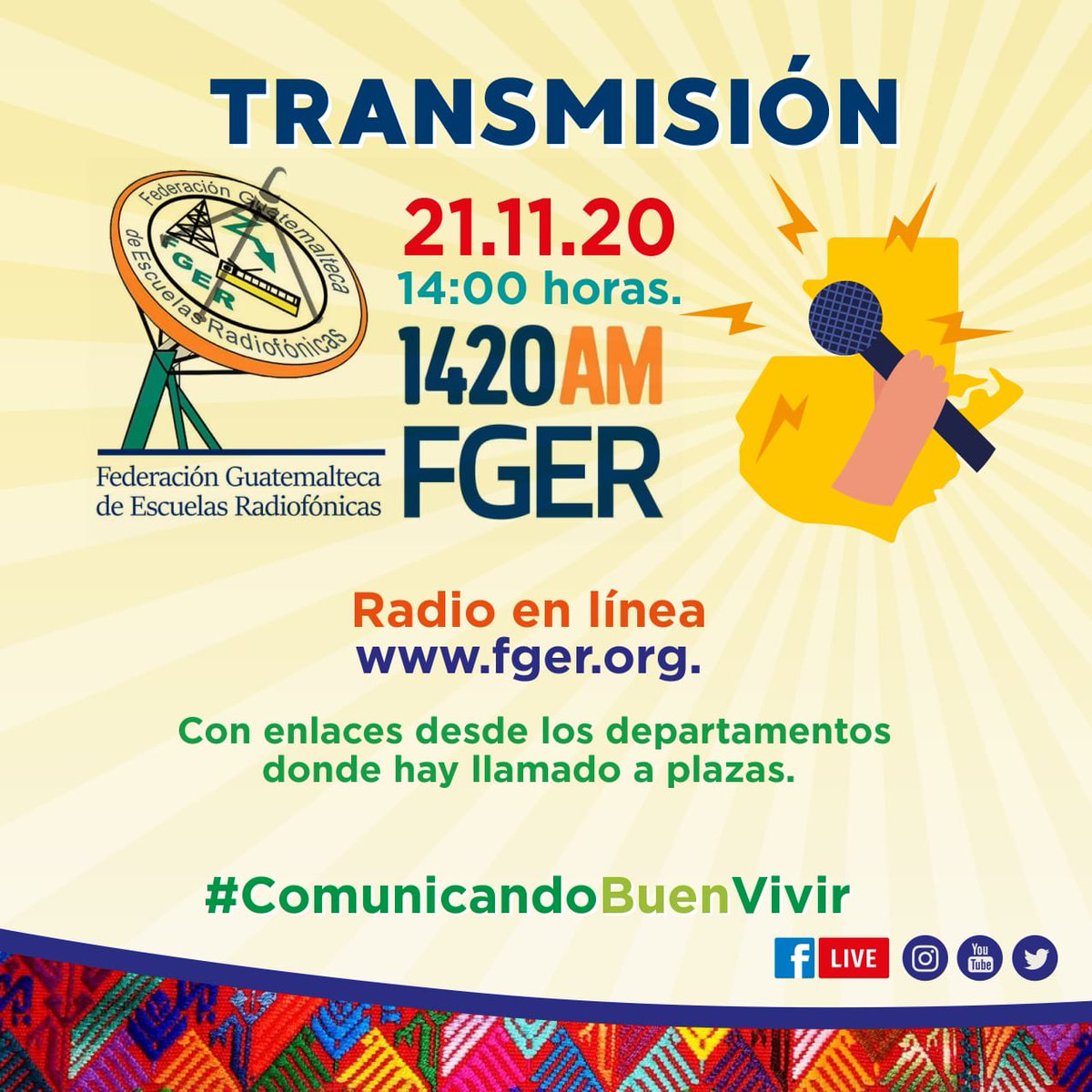 crfger's tweet photo. #21N Porque #NoNosPela le invitamos a conectarse a la Transmisión, tendremos enlaces con las Plazas para escuchar las voces de la población.
Escuche por la señal de 1420AM y por las emisoras que conforman FGER. #ConectandoPalabras https://t.co/xTEQ2yF4CA