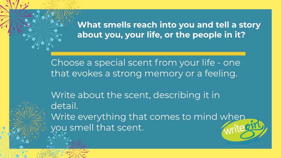 WriteGirlLA's tweet photo. During our workshop breakout sessions, we got to stretch our writing skills with fun prompts like this one about smells. What smells reach into you and tell a story about you, your life, or the people in it? #JournalIt https://t.co/fnf1XQkTAY
