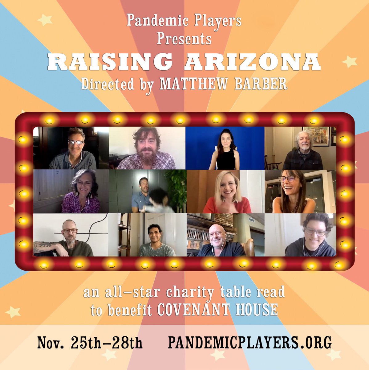 A table read of Raising Arizona starring <a href="/ZacharyLevi/">Zachary Levi</a> <a href="/JordanaBrewster/">Jordana Brewster</a> and Alison Pill?!!Tune in Nov 25th, @ 2pm ET / 11am PT at PandemicPlayers.org #PandemicPlayers #CovenantHouse #RaisingArizona #CoenBrothers