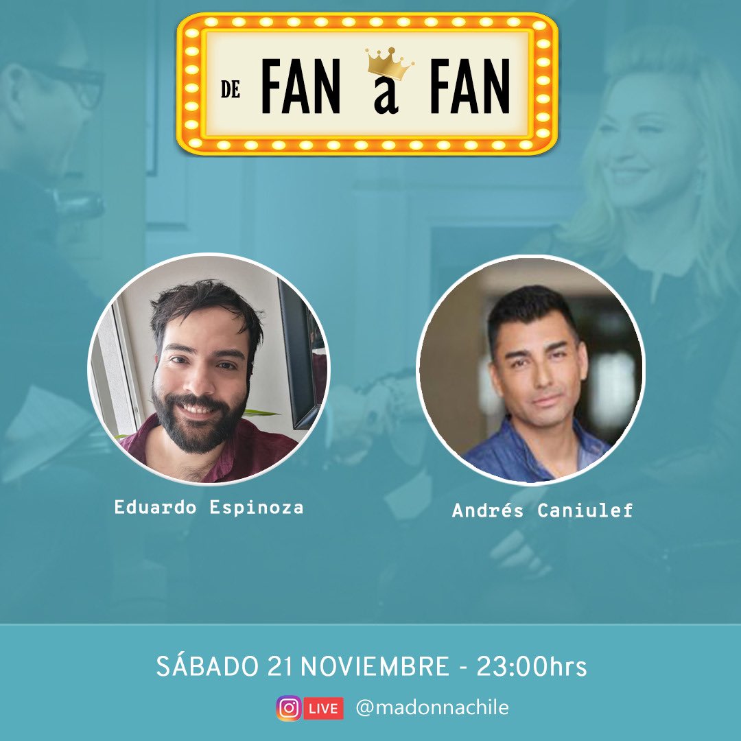HOY sábado 21, a las 23:00 hrs. los invito a una conversación “De Fan a Fan” en el Instagram de @MadonnaChile Nos vemos 😉 https://t.co/M9JKoCSh6u