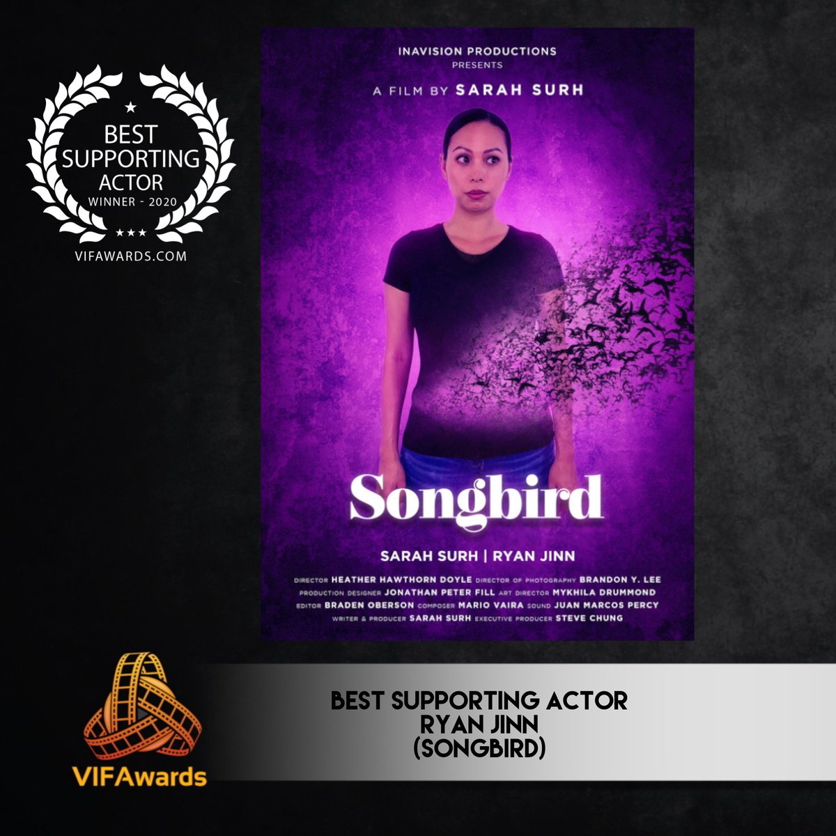 Congratulations to Best Supporting Actor winner @ryanjinn for his performance in ‘Songbird’ 🐦 🥂 🎵 ‘Songbird’ was written &amp; produced by Sarah Surh and directed by Heather Hawthorn Doyle 🎥 #VIFAwards #SongbirdFilm #BestSupportingActor
