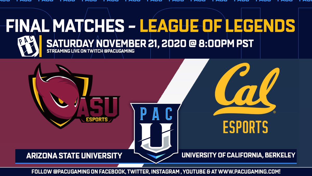 pacugaming's tweet photo. 📢 #LoL MATCH DAY 

It's #Devils and #Cats in #PacUGaming's
#LeagueofLegendsSaturdays

🎧 @ASUesports 🆚 @EsportsAtCal

⏰ Sat Nov 21  8pm  

📺 Catch the action on https://t.co/1qQcEjJoyb

#PacUGaming // 
#LegendsBeingBorn

🎙 Props to @KestraCasts &amp; "Nuggie" https://t.co/WHRxhqFV1s