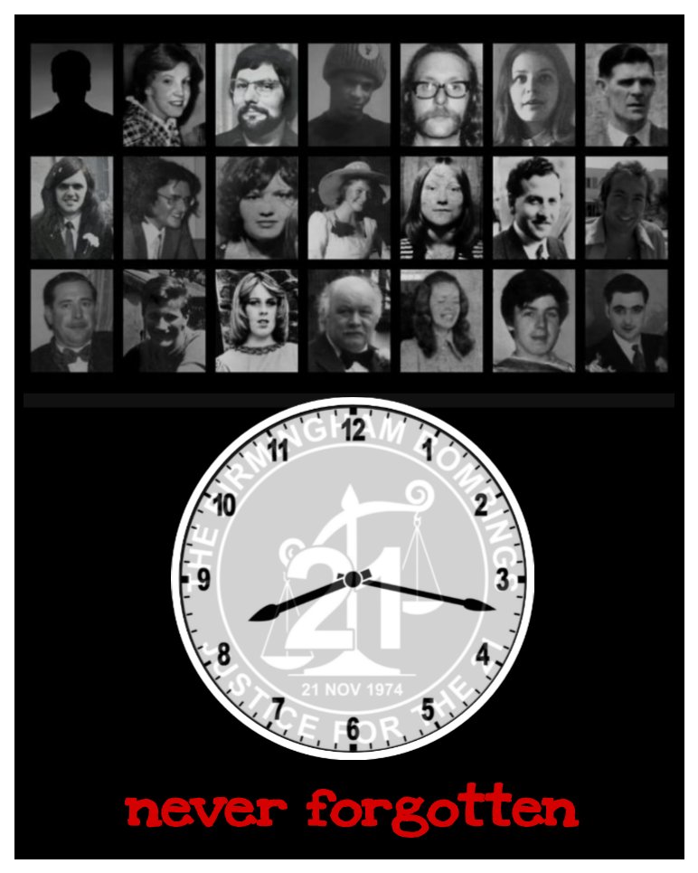 46yrs ago today 21 people were murdered in Birmingham City Centre - 46yrs on and still no Justice 😡 

The fight for justice continues 

#J4T21 #BirminghamPubBombings