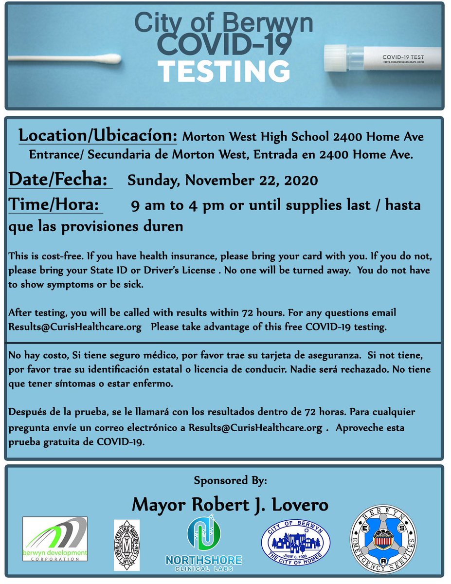 The Emergency Management Services through the Mayor’s Office of the <a href="/CityofBerwyn/">City of Berwyn</a> &amp; North Shore Clinical Labs are sponsoring a temporary COVID-19 Drive-through &amp; Walk-up test site.
 
It will take place Sunday, Nov 22 from 9am-4pm in the parking lot of Morton West. #MortonPride