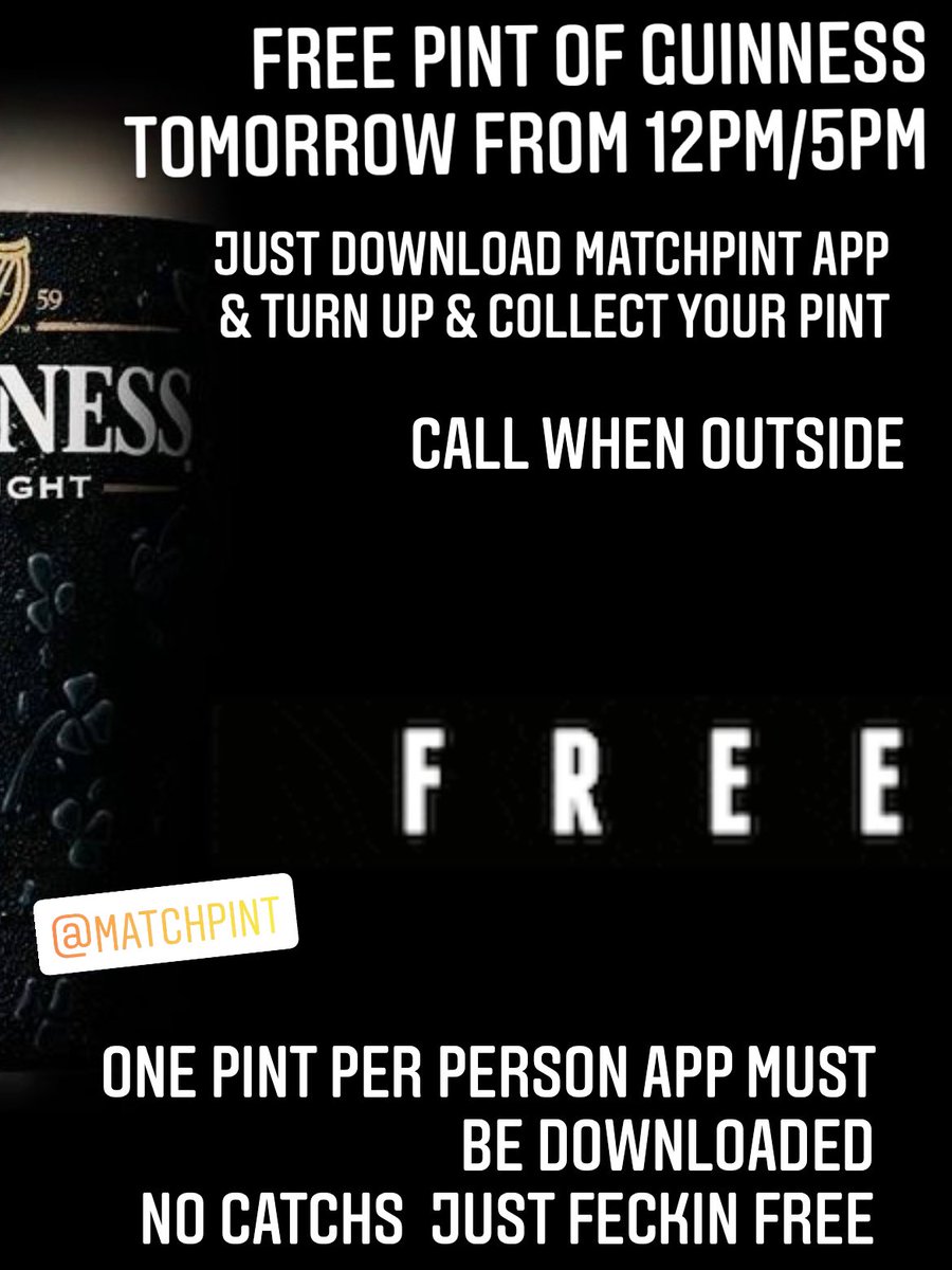 raglanroaduk's tweet photo. Free pint of Guinness tomorrow 12/5pm Download @MatchPint app & collect @raglanroaduk please call when outside! No catch One per person with App #beer #Guinness #matchpint #Nottingham ๐๐โ๏ธโ๏ธ https://t.co/bOY5vslePG
