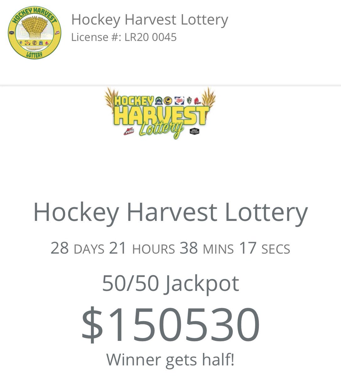 💵 The <a href="/HockeyHarvest/">Hockey Harvest Lottery</a> Lotto just hit a jackpot of $150,000! 💵 

whl.ca/hockeyharvestl…