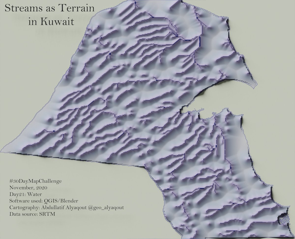 geo_alyaqout's tweet image. #30DayMapChallenge
Day21: Water 

Title: Streams as Terrain in #Kuwait 

Software used: @qgis &amp;amp; @Blender
 
The data were from #SRTM

The heights are proximity distance to streams

#cartography #Geography