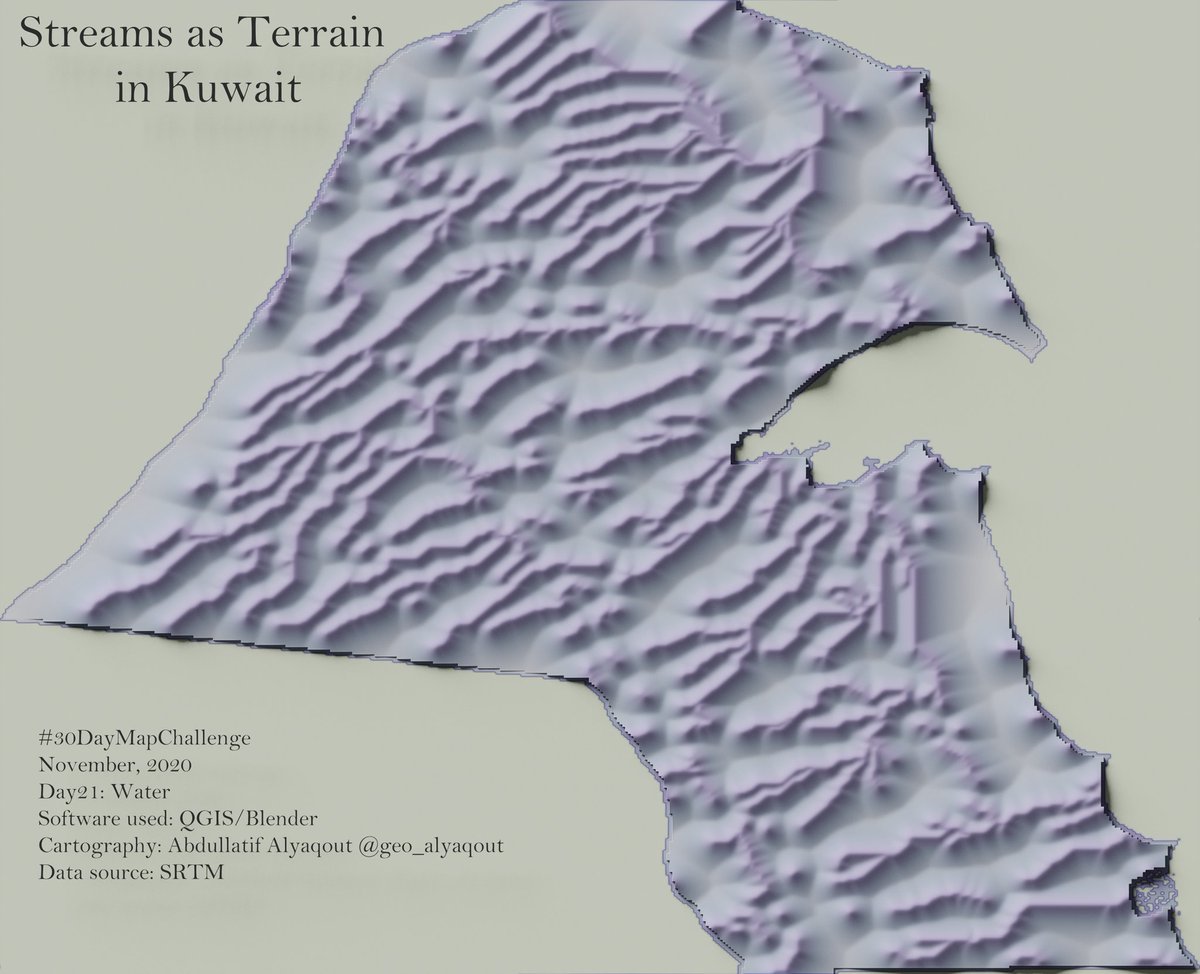 geo_alyaqout's tweet image. #30DayMapChallenge
Day21: Water 

Title: Streams as Terrain in #Kuwait 

Software used: @qgis &amp;amp; @Blender
 
The data were from #SRTM

The heights are proximity distance to streams

#cartography #Geography