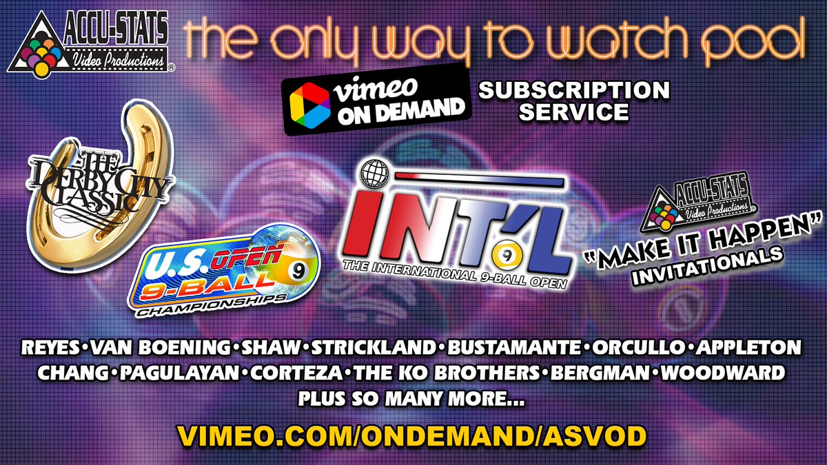 AccuStatsPool's tweet image. VIMEO ACCU-STATS Video On Demand List here:  OVER 450 Matches ON DEMAND vimeo.com/ondemand/asvod/
- Sub: $12.99/month
- Buy: $9.99/match
- Rent: $4.99/match

#billiards #9ball #9ballpool #poolhall #PoolGame #poolroom #poolshark #poolhustler #poolplayers #poolplayer #cuesports