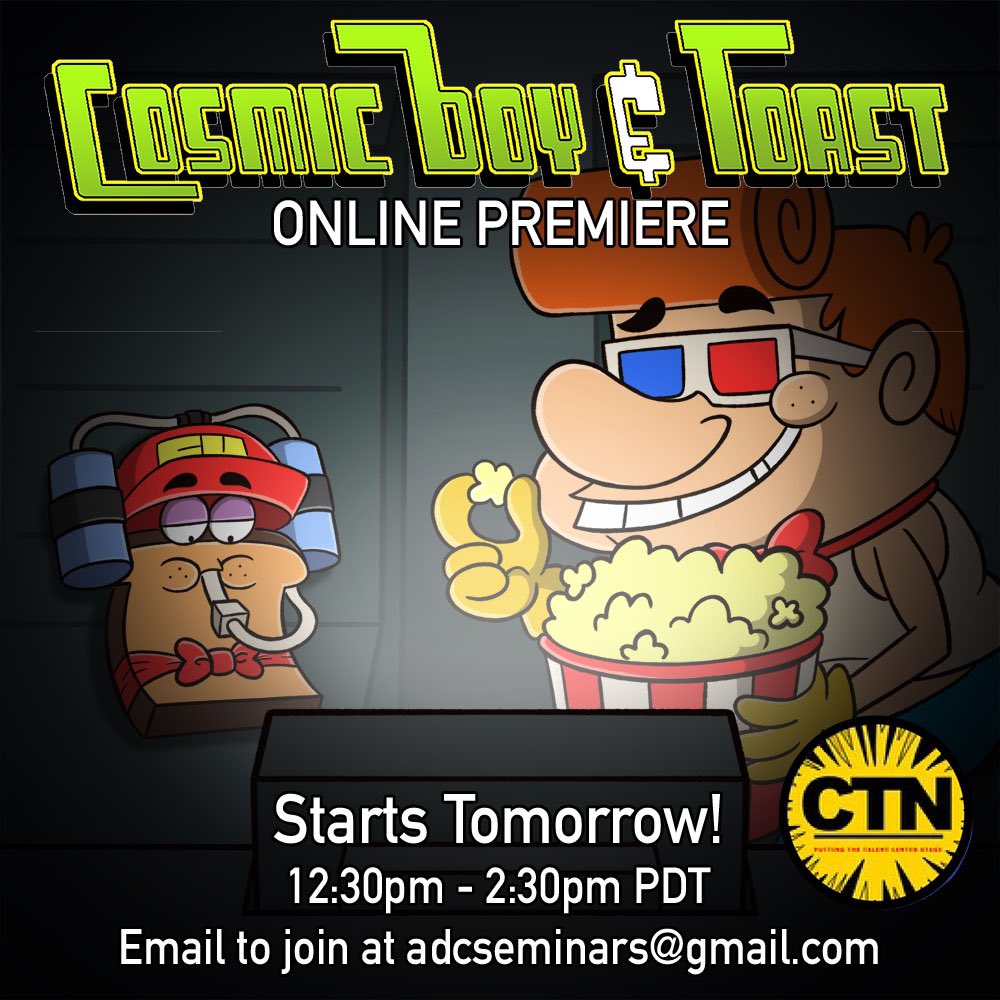 art4tin's tweet photo. Cosmic Boy &amp; Toast premiere is TOMORROW from 12:30pm - 2:30pm PDT via the CTN MarketPlace! We will be having a private zoom to show the full animatic and afterwards have a Q&amp;A with the crew.

#CTN #CosmicBoyandToast #storyboard #StoryboardPro #animatic #adcschoolonline https://t.co/T2BFgwbste