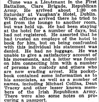 When the Auxiliaries/Tans arrived at Vaughan’s Hotel, Clune, was arrested because he wasn’t a registered guest & couldn't account for himself. From New York Times report. 7/12 #BloodySunday100