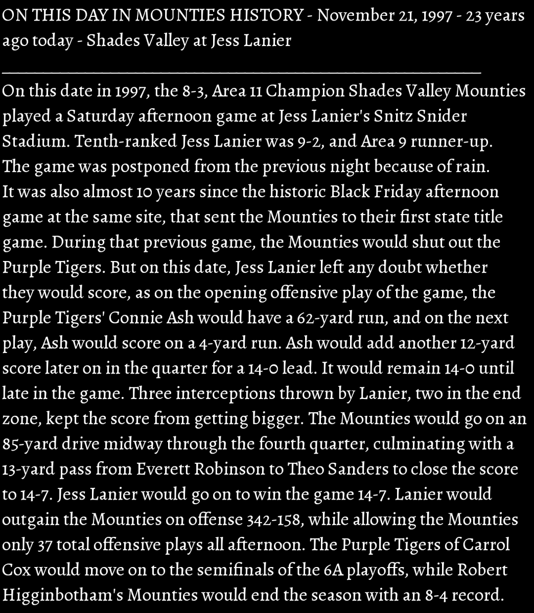 svmounties's tweet photo. ON THIS DAY IN MOUNTIES HISTORY - November 21, 1997 - 23 years ago today - Shades Valley at #10 Jess Lanier #100SeasonsofMountieFootball
#GoMounties ๐ดโซ https://t.co/1xkxwAUL7j
