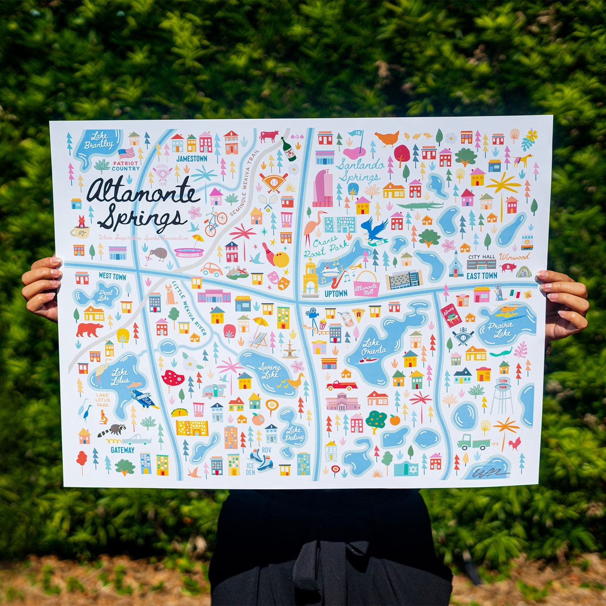 CityofAltamonte's tweet photo. Oh, the places you'll go in #AltamonteSprings! ✨ To celebrate our Centennial, A. B. Newton and Company has created a colorful art print of our community. How many local gems can you spot? Order an Altamonte Springs art print today at https://t.co/UlUCe1qiz0. #Altamonte100 https://t.co/AF95QdrMQm