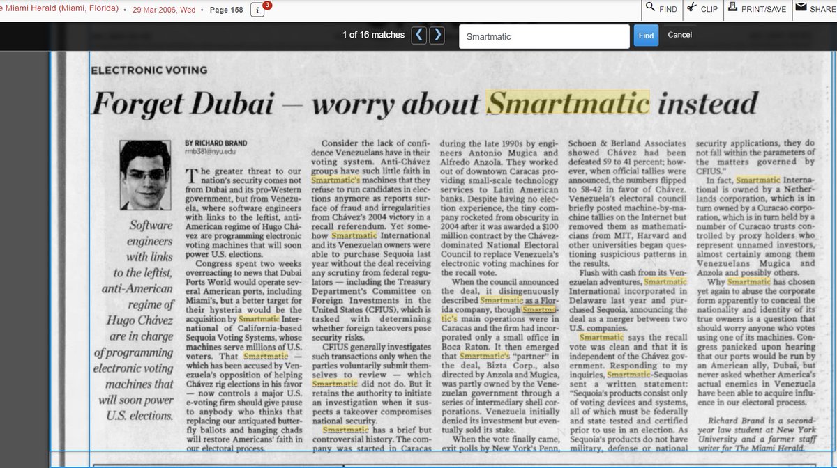 1/ Miami Herald warning on Smartmatic 3/29/2006: “Software engineers with links to the Leftist, anti-American regime of Hugo Chavez are in charge of programming electronic voting machines that will soon power U.S. elections”  https://www.newspapers.com/image/653845089 