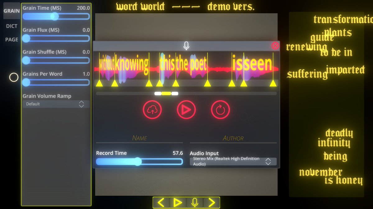 Word World demo is up for the weekend for <a href="/HandEyeSociety/">Hand Eye Society</a>'s #wordplay fest.
A new little toy I'm working on, fridge-magnet-esq collective cloud poetry granular seekquencer. As nifty as it is rough around the edges✨

netgrind.net/#word-world---…