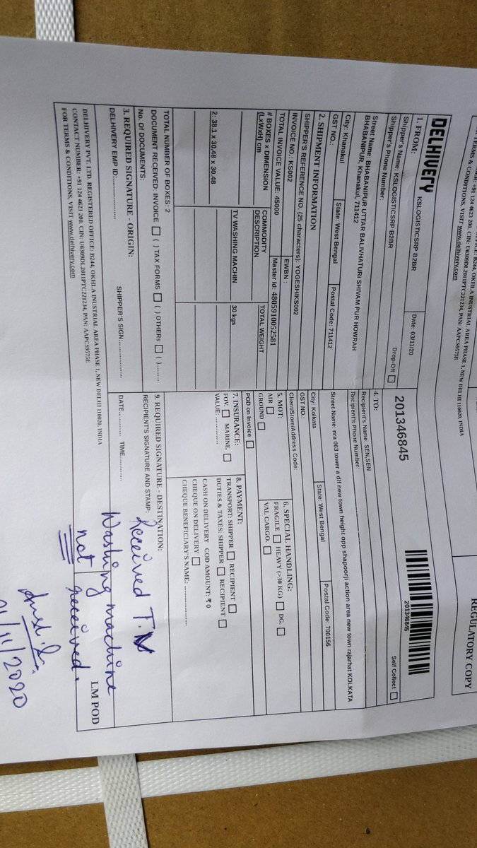 deyasen's tweet photo. @delhivery Hi. I have received the TV. But the washing machine has not been delivered. The status of my consignment is showing as delivered. That is untrue. Kindly rectify. Else I will file a complaint with police for theft. https://t.co/cNaKtRHrWl