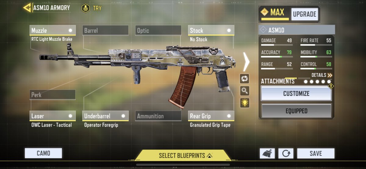SpartanCao's tweet photo. @PlayCODMobile I know a lotta people are sleeping on the ASM10, but this build is really good. Decent ADS time, controllable recoil, and fast TTK. #GunsmithDIY https://t.co/2D70AUa2Na