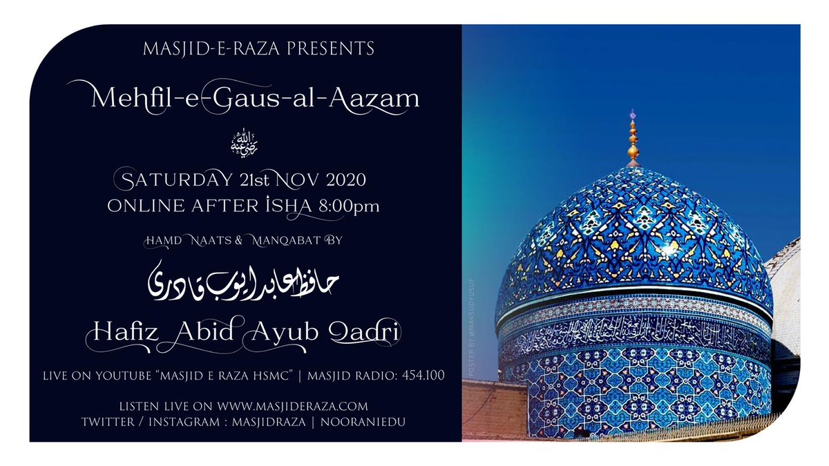 LIVE TONIGHT AFTER ISHA INSHA'ALLAH 

youtube.com/c/MasjideRazaH…

<a href="/AbidAyubQadri/">Abid Ayub Qadri</a>