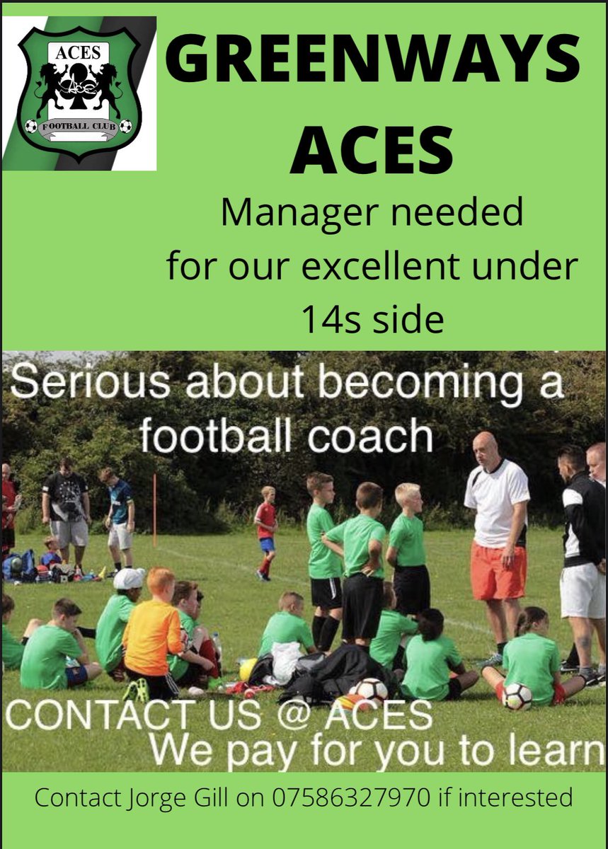 Greenways Aces FC (@greenwaysacesfc) on Twitter photo Looking for mangers U14’s #managerswanted #grassrootsfootball #kidsfootball #aces #greenwaysaces #u14’s #footballmanagers Looking for mangers U14’s #managerswanted #grassrootsfootball #kidsfootball #aces #greenwaysaces #u14’s #footballmanagers