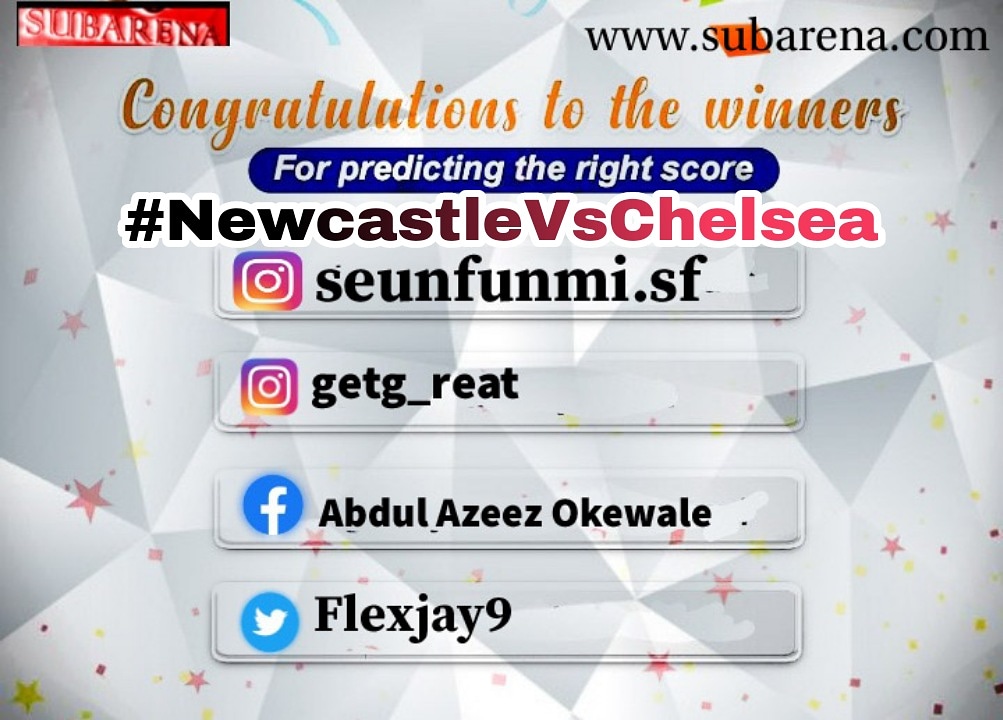 Subarenal's tweet photo. Congratulations To The Chosen Winners!
Winners are to comment with their phone number in order to claim their reward.
#subarenal #Chelsea #newcastle #chelseaafc #matchday #bbnaija #bigbrothernaija2020 #bigbronaija #nairabet #footballpredictions #betnaijapredictions #netbet https://t.co/0QcPsv0Ysb