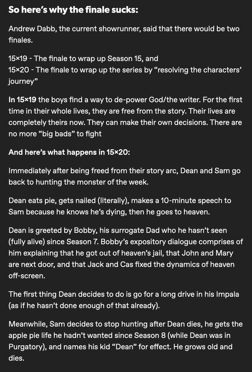 soberdenatural's tweet photo. Here's why the #Supernatural  finale sucked
(and it really isn't just because Cas / Misha wasn't in it)

[2/2] https://t.co/Cg2ZemHIZF
